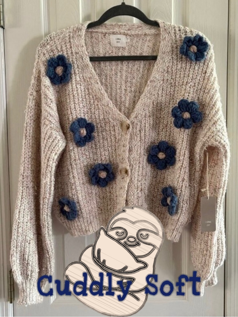 NWT Cute Flower Chunky Knit Cardigan - Cream w/ Blue Flowers Super Soft & Fluffy